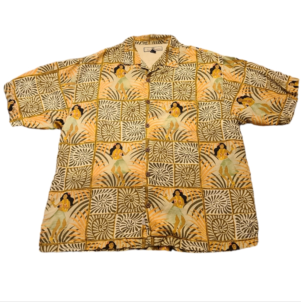 Tommy Bahama Men's Large Silk Hula Girl Hawaiian Button Up Short Sleeve Shirt
